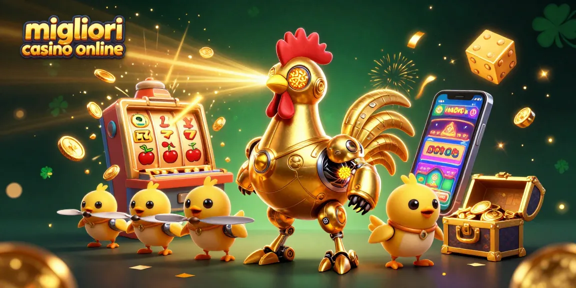 Gioca nei migliori casino online con il robot gallo dorato e i droni pulcini che portano fortuna.