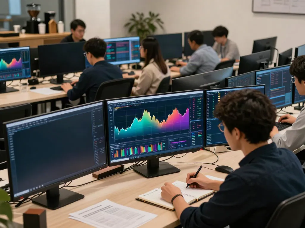 TSE market data feed in an active co-working space showing cryptocurrency trading and analytics.