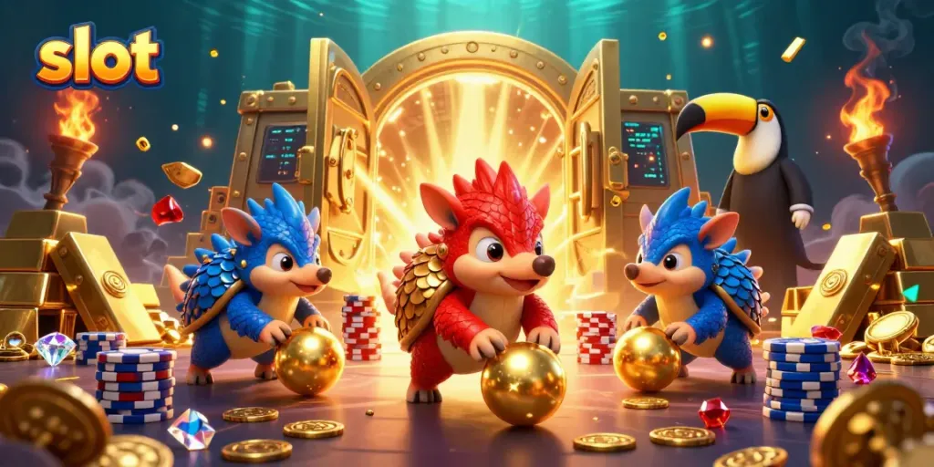 Bermain slot dengan pangolin yang seru disertai tumpukan chip poker dan harta karun berkilau