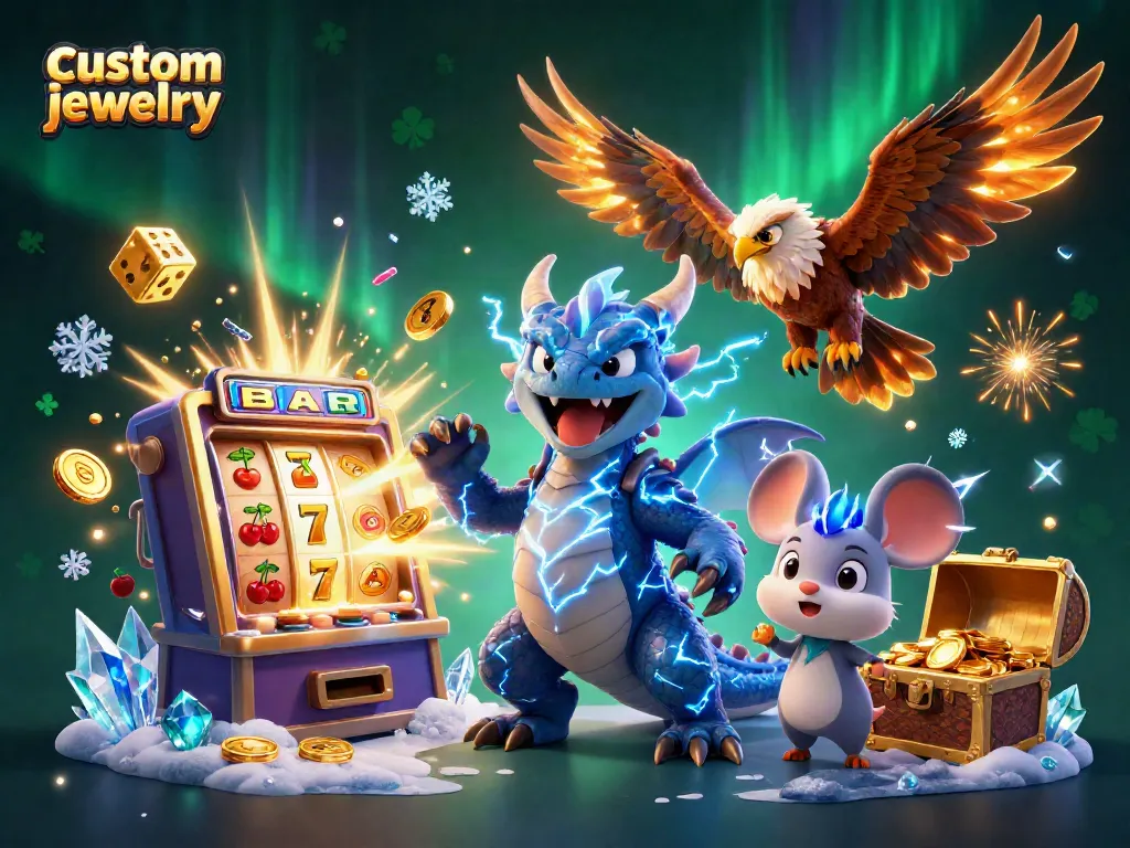 Win with custom jewelry designs showcased in a vibrant casino-themed illustration.