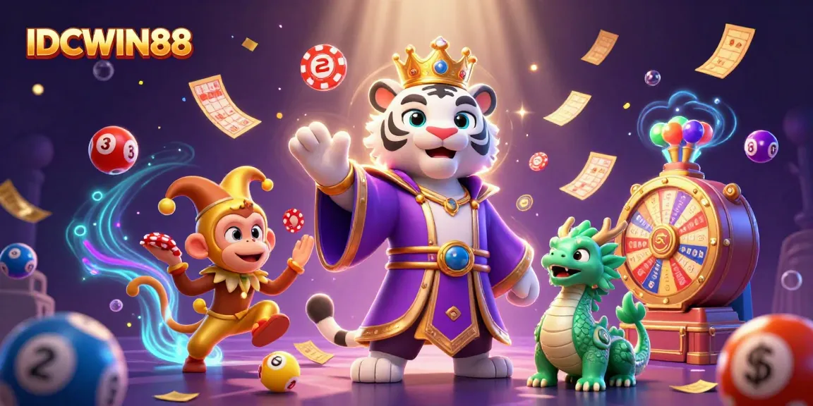 Experience excitement with IDCWIN88, featuring a vibrant tiger, playful monkey, and engaging lottery elements.