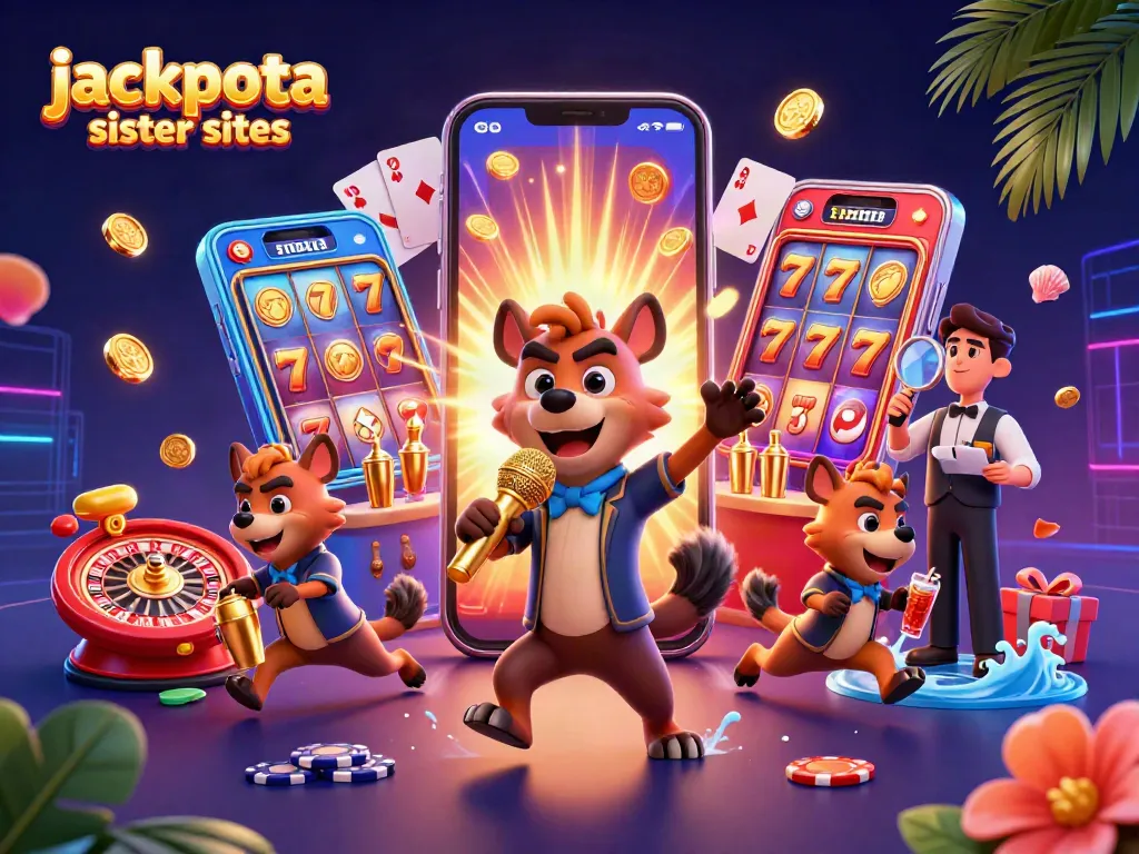 Engage with jackpota sister sites showcasing a casino scene with hyenas and vibrant gaming elements.