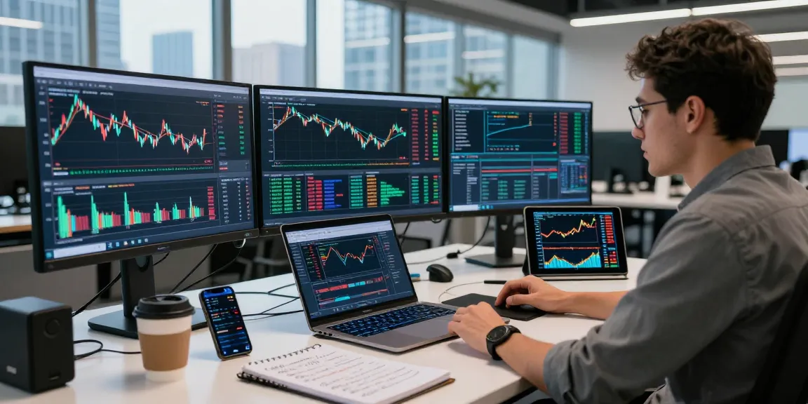 Real-time analysis in a trading workspace with COMEX metal futures API on multiple monitors showcasing data visualization