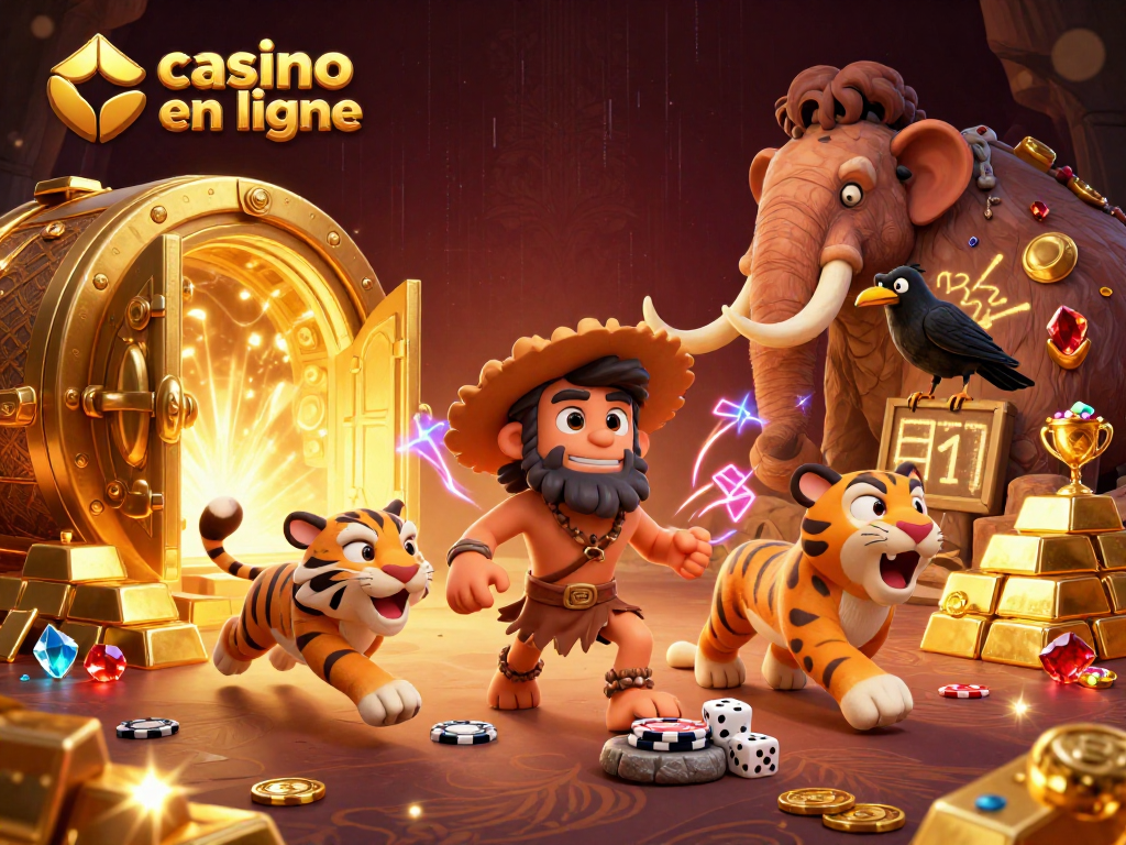 Casino en ligne animé où un homme des cavernes et un tigre à dents de sabre gèrent un lieu ludique préhistorique.