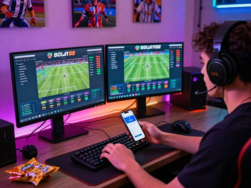 Bola88 online gaming platform with vibrant gaming setup, monitors showing live sports betting.