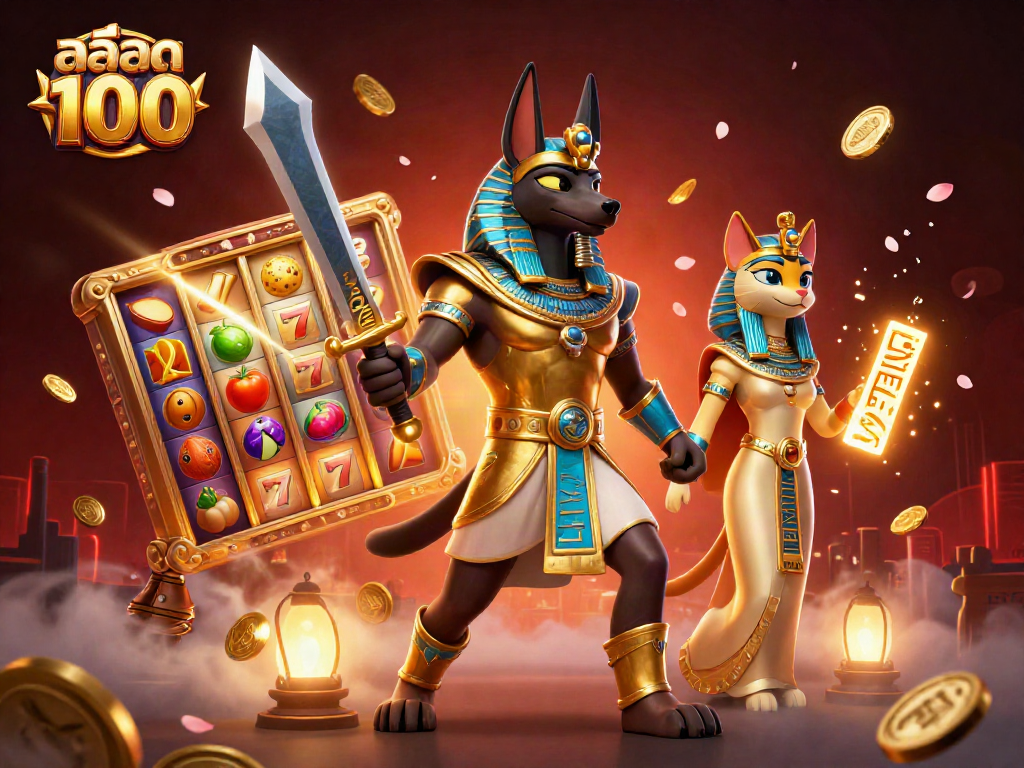 Experience excitement with สล็อตเว็บตรง100 featuring an Anubis warrior amidst spinning slot reels.