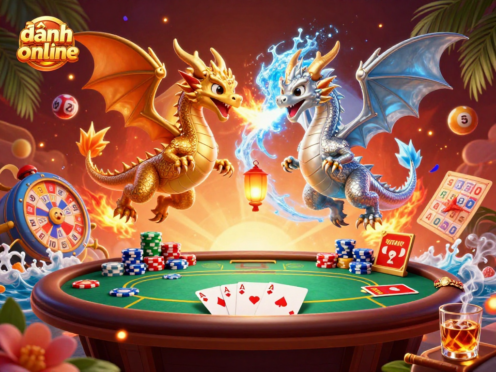 Engage in đánh đề online with vibrant dragons and festive lottery elements enhancing your experience.