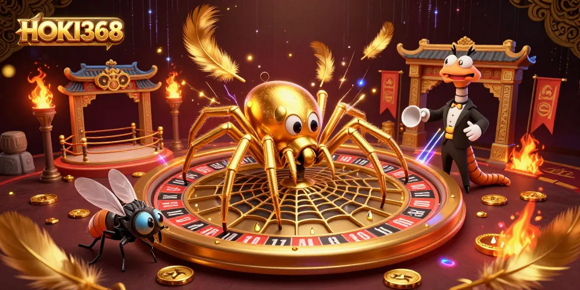 Experience thrilling gaming with HOKI368's exciting roulette-inspired illustration featuring unique betting characters.