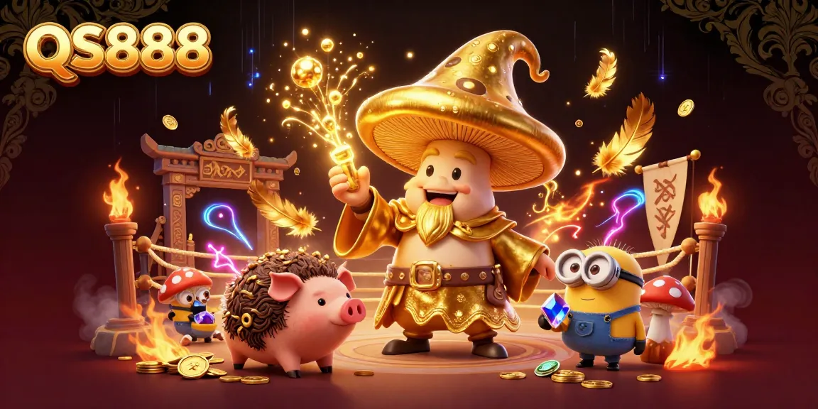 Experience gaming magic with QS888 featuring a golden wizard and treasure-hunting pig amidst dynamic casino elements.