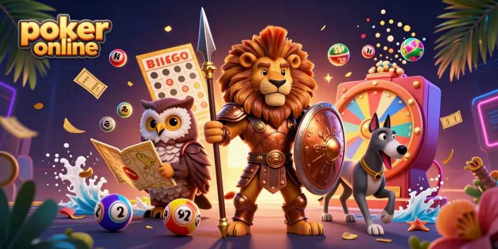 Engage in the thrilling world of poker online with a vibrant illustration showcasing a Spartan lion, owl strategist, and greyhound messenger amidst colorful gaming elements.