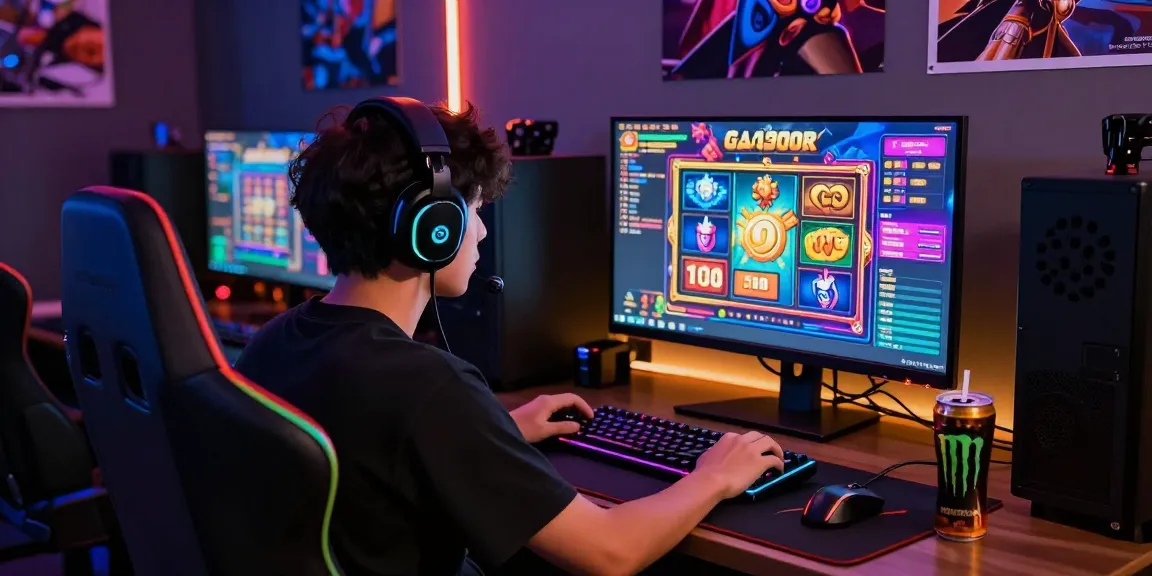 Intense gamer playing slot gacor on a vibrant setup with RGB lighting and gaming accessories