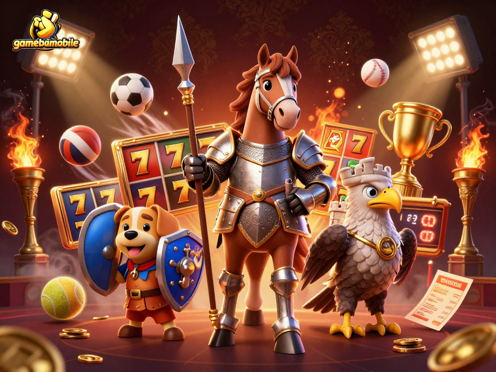 Experience gamebaimobile with this immersive 3D digital casino artwork featuring dynamic slot symbols.
