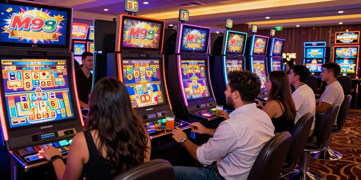 M98 สล๊อตเว็บตรง gaming scene with friends enjoying slot machines in a lively casino atmosphere
