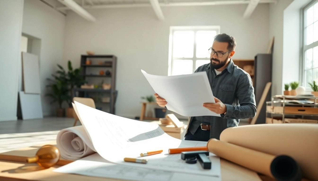 Home improvement expert analyzing blueprints in a well-lit office.
