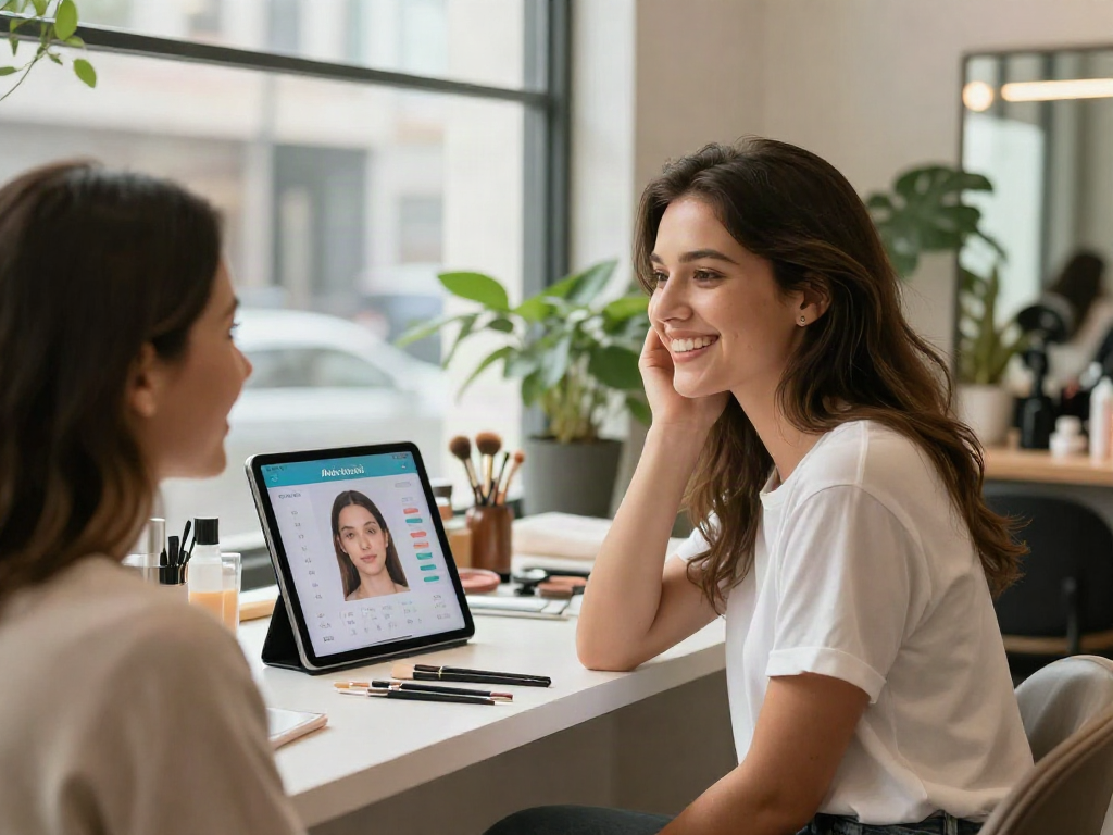 Test attractiveness with an AI score displayed on a tablet in a beauty studio.