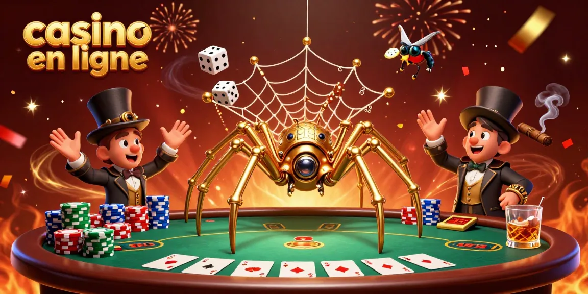 Capture amusante de casino en ligne avec une araignée dorée et des éléments de poker.