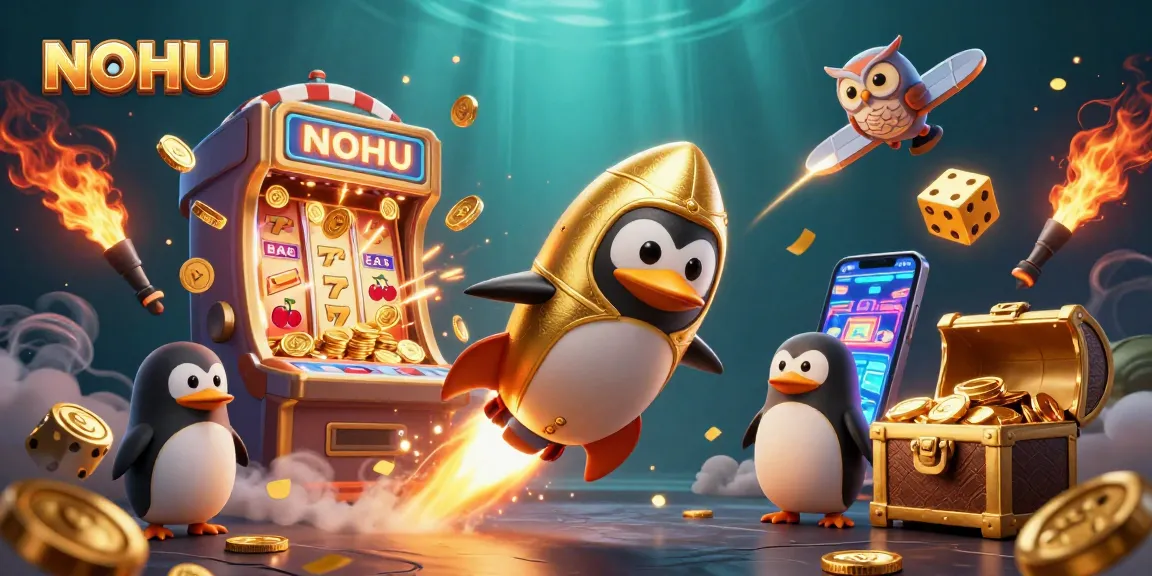 Experience thrilling jackpots with NOHU at a dynamic casino scene featuring a penguin and slot machines.