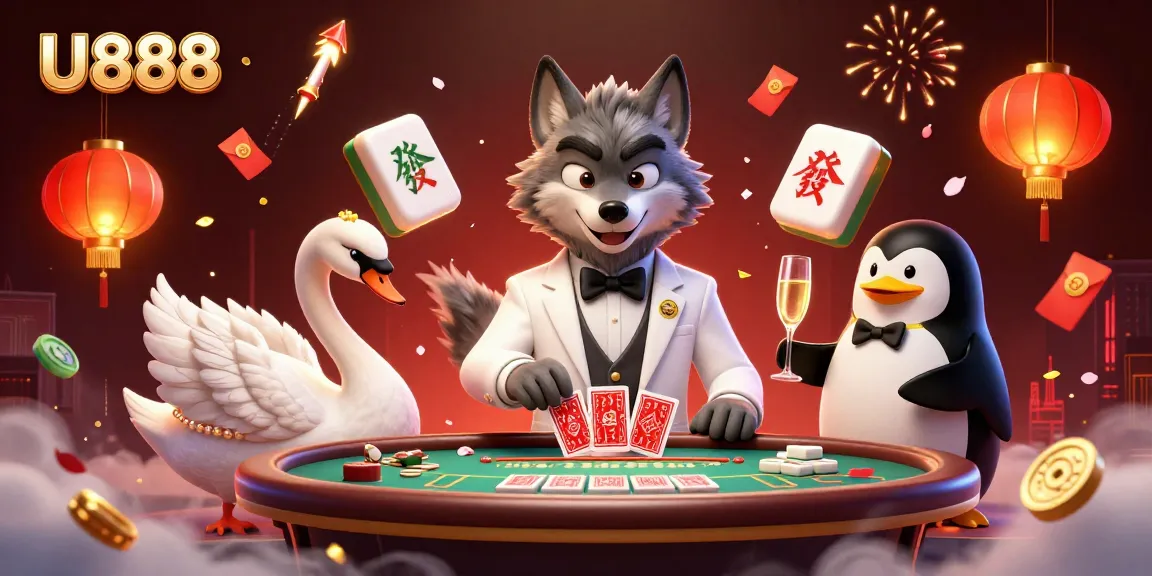 Experience U888's vibrant casino atmosphere with a debonair wolf at baccarat, an elegant swan dealing cards, and a penguin sommelier.