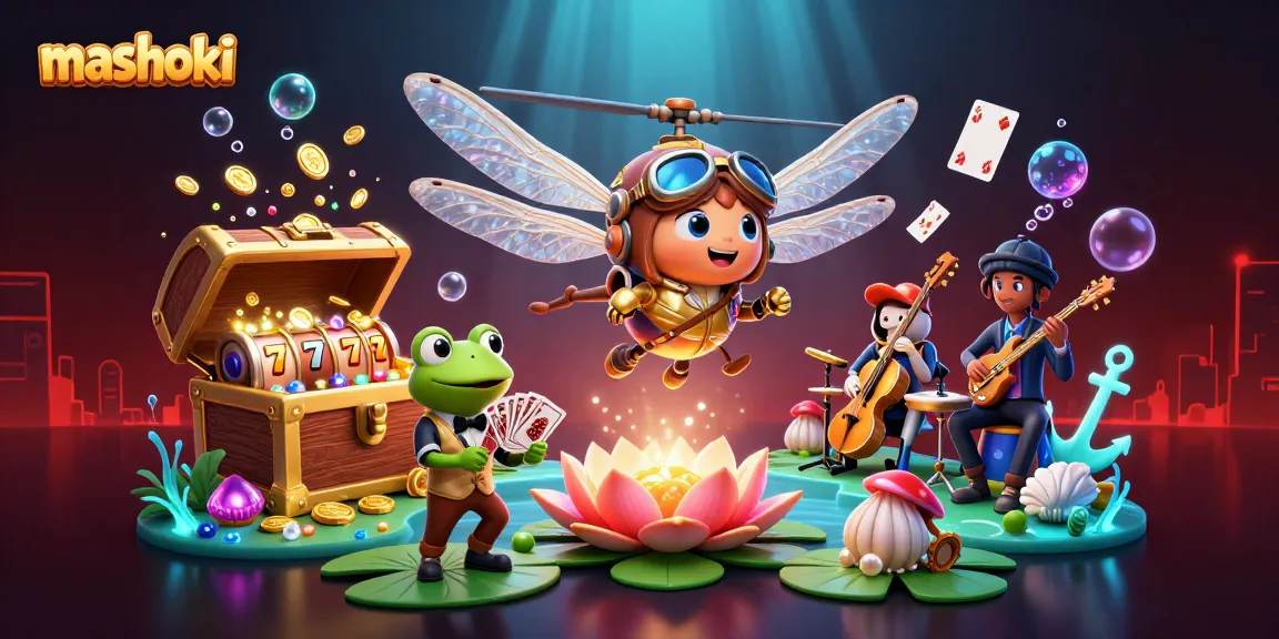 Experience mashoki thrills with a dragonfly pilot at a lily pad casino, enjoying vibrant card games.