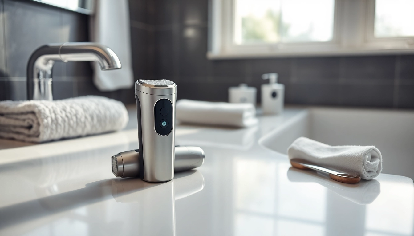 Mini electric shaver on a bathroom countertop, highlighting its sleek design and grooming accessories.