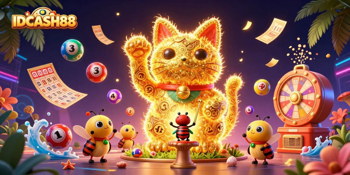 IDCASH88 brings excitement to gaming with a 3D illustration of a lucky cat and lottery elements.