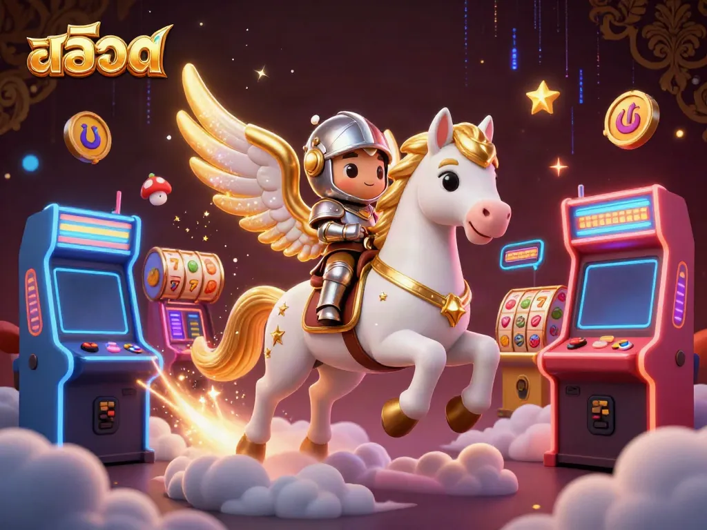 Engaging สล็อต theme with a celestial horse and knight, surrounded by vibrant slot game elements.