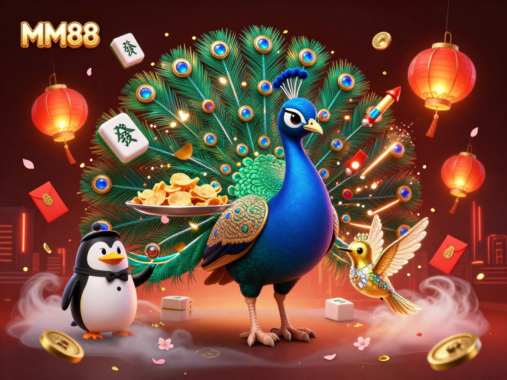 Experience thrilling gameplay at MM88 with an aristocratic peacock and a penguin serving golden chips in a lively casino.