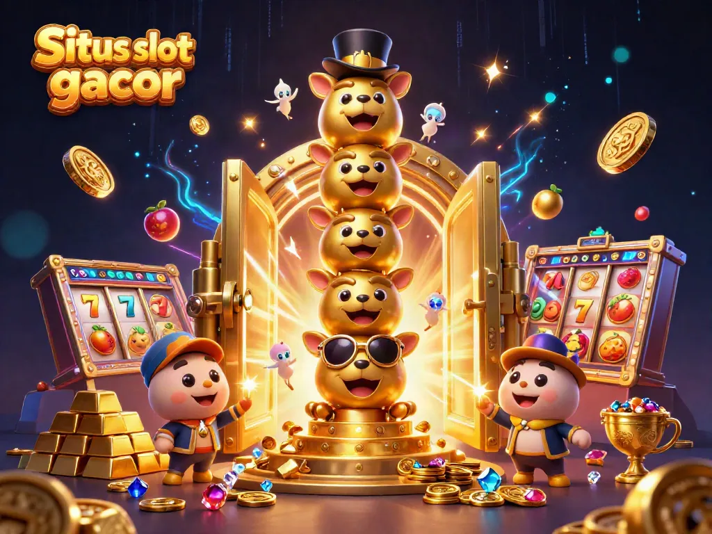 Engage with Situs slot gacor through this vibrant 3D illustration showcasing exhilarating slot game elements and rich jackpot interactions.