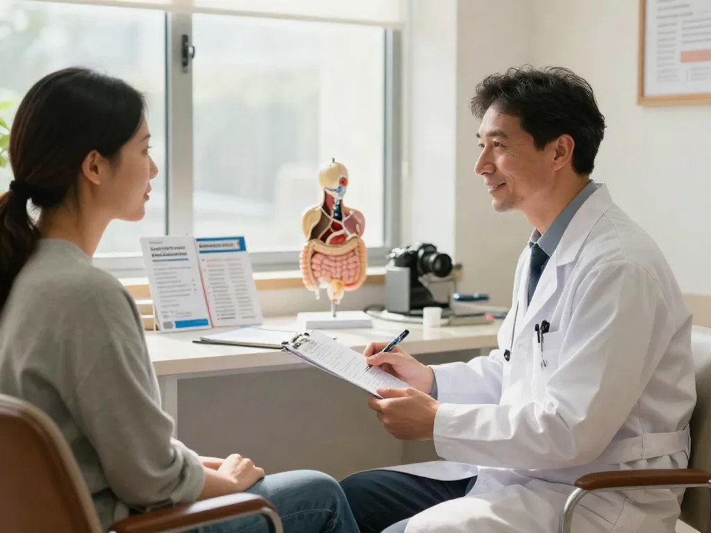Irritable bowel syndrome treatment guidance, doctor consulting with patient in bright, welcoming office.