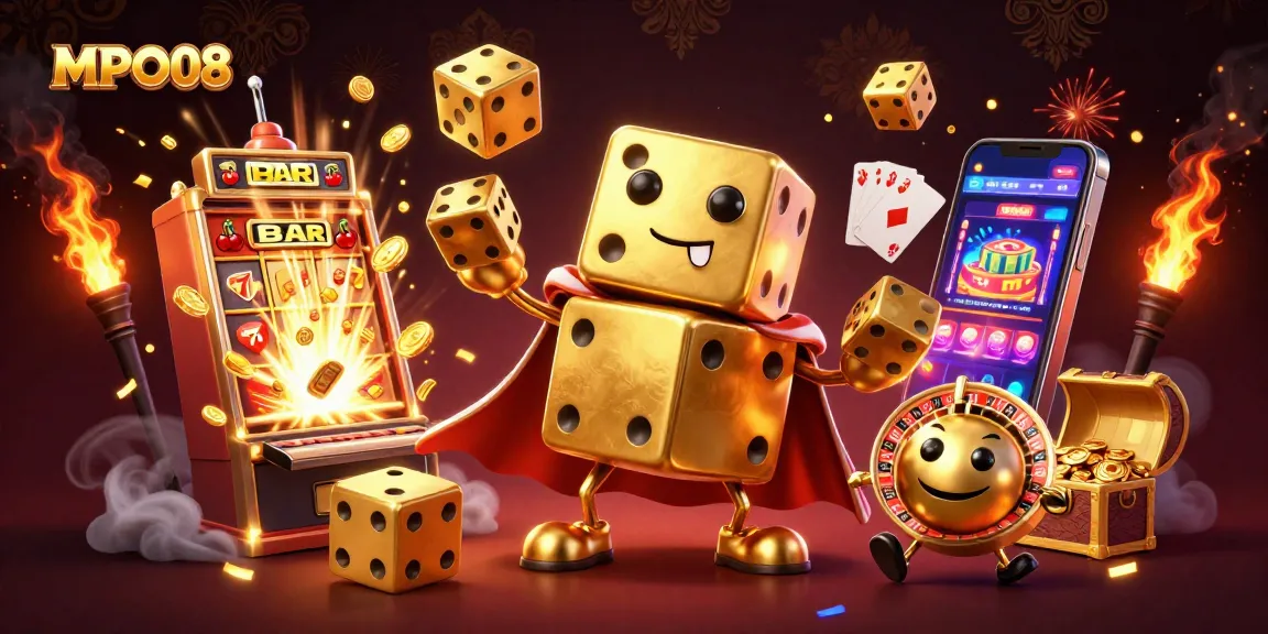 MPO08 enhances the gaming spirit with a golden dice golem and exciting slot elements in a lively casino scene.