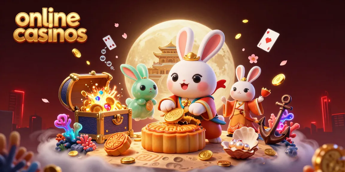 Engage in online casinos with fun moon rabbit characters and vibrant gaming elements amidst a rich lunar backdrop.