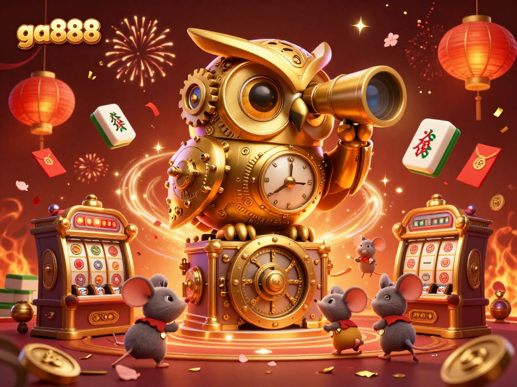 Experience thrilling gaming at ga888 with a vibrant casino scene featuring a golden owl and festive elements.