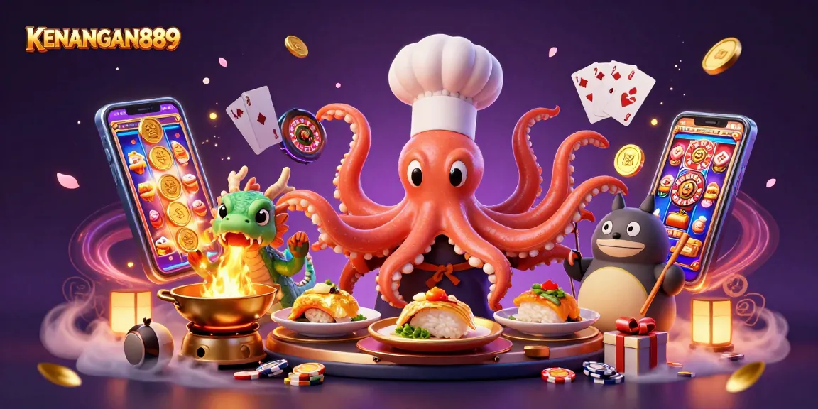 Experience thrilling gaming action with KENANGAN889, featuring a playful octopus and dragon in a vibrant casino setting.