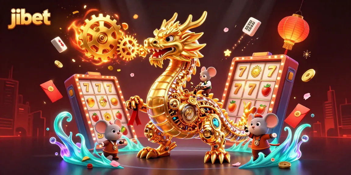 Play exciting reels at Jibet with a golden dragon and vibrant casino elements surrounding the action.