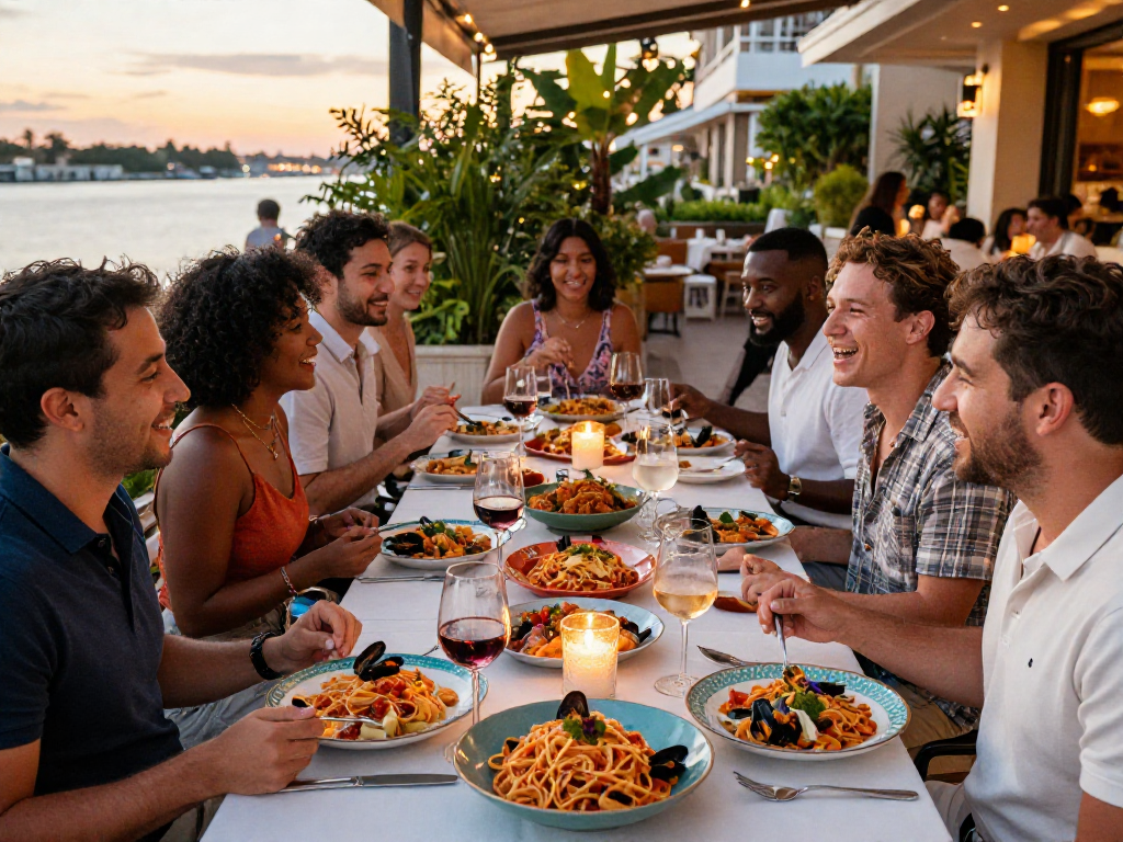 Friends enjoying a festive Italian meal at a Naples restaurant, highlighting lavowin culinary experiences.