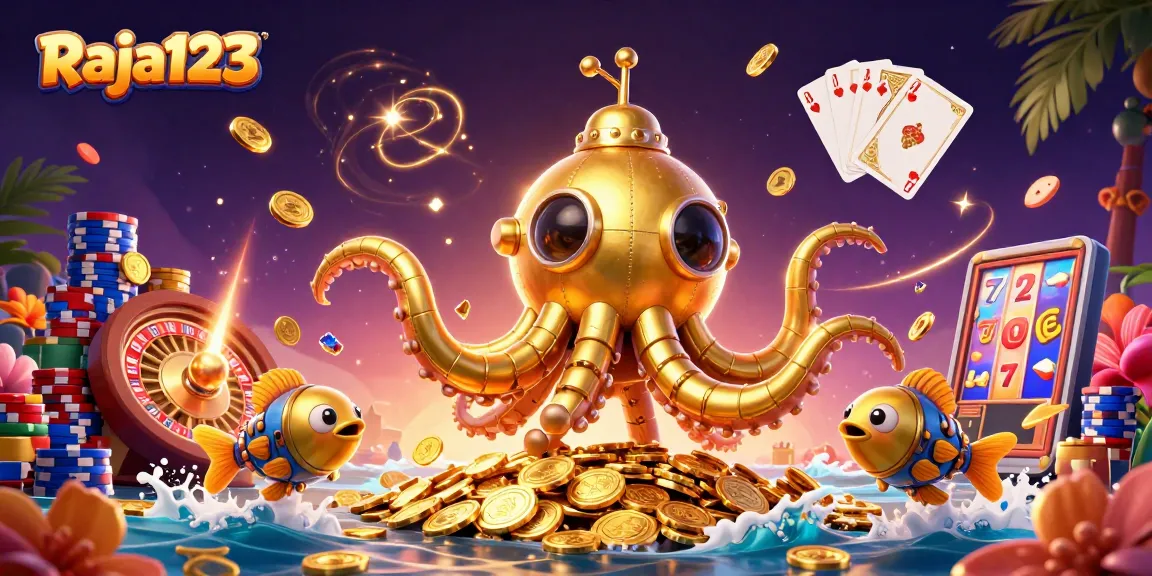 Experience thrilling wins with Raja123's golden kraken submarine amidst coins and sparkling gems!