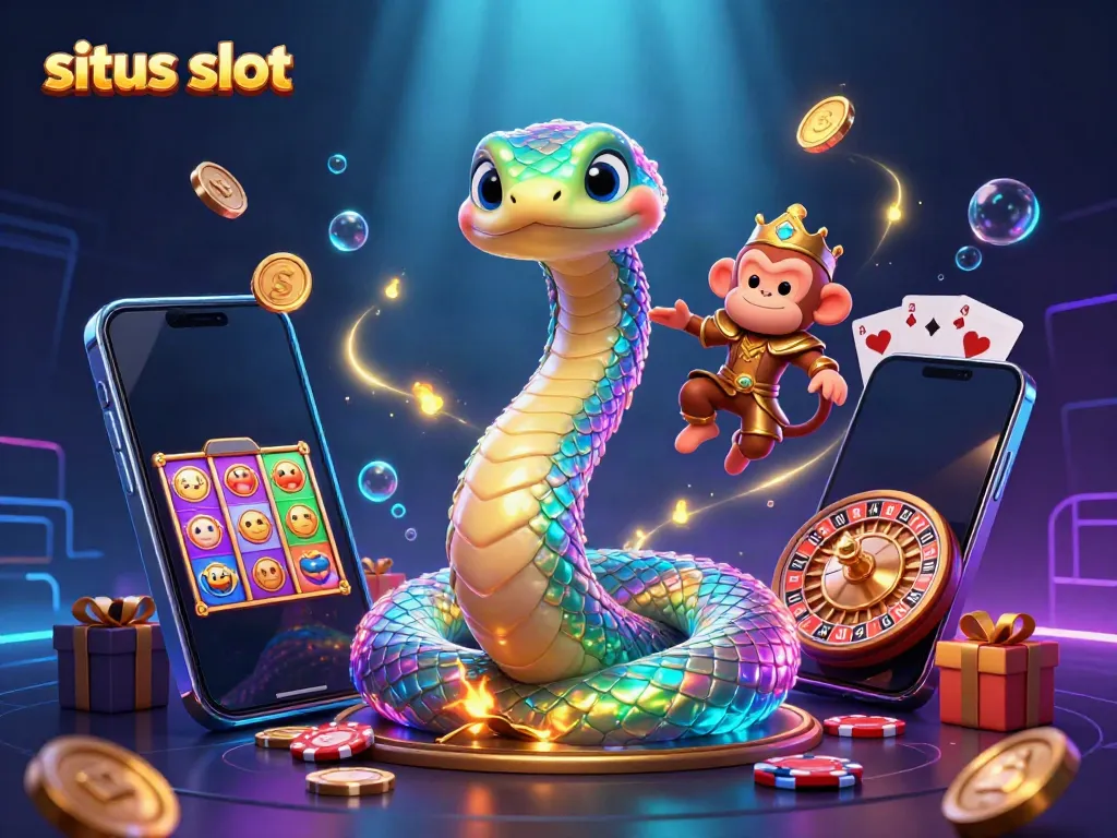 Permainan slot di situs slot, dikelilingi oleh karakter kartun 3D menawan dan elemen kasino yang penuh warna.