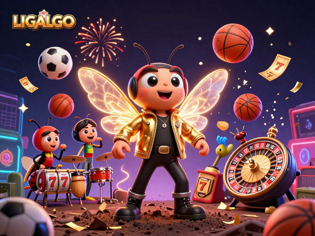 LIGALGO showcases an electrifying illustration with a rock star cicada and dynamic sports elements, ideal for online gambling promotion.
