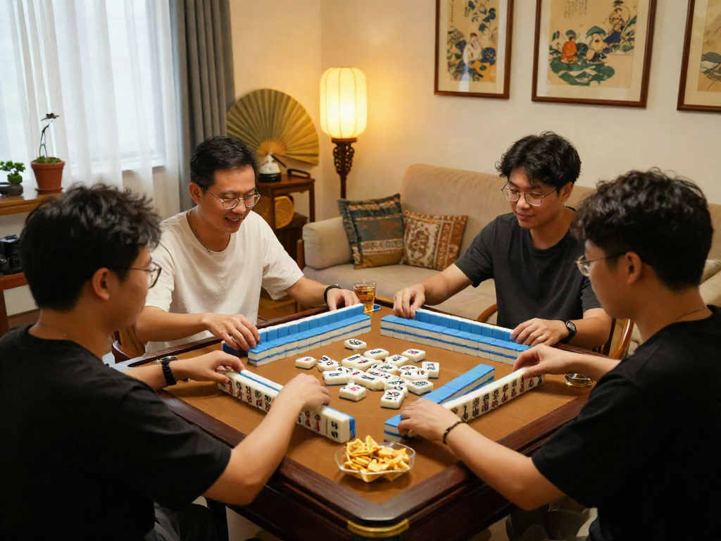 Friends playing MAHJONGJP88 in a cozy living room with snacks and vibrant tiles.