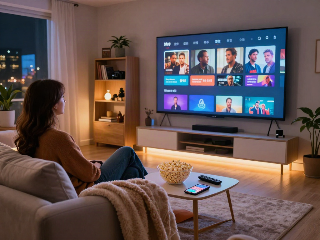 Enjoying Moviebox apk in a cozy home cinema setup with snacks and ambient lighting.