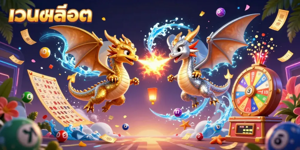 Engage with เว็บสล็อต's thrilling world featuring dragons and lottery elements in a vibrant scene.