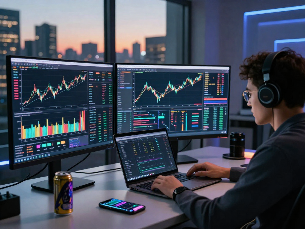 Ambiente de trading de alta tecnología con análisis del mercado Immediate Edge en pantallas múltiples.