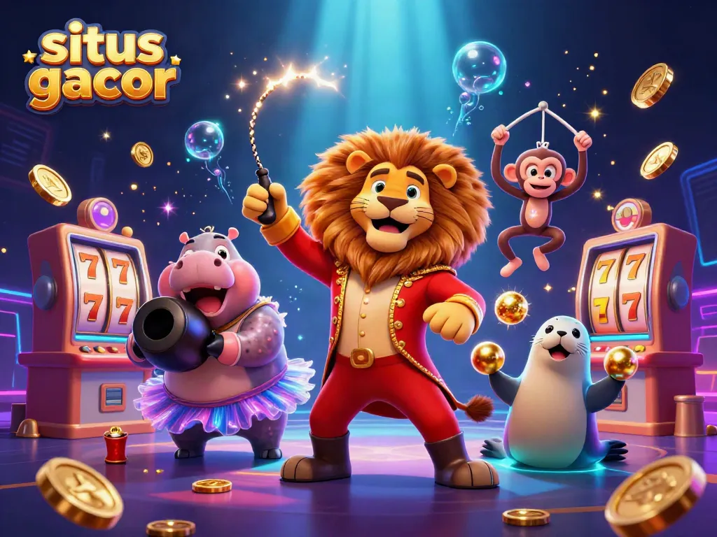 Experience situs gacor thrills with a dynamic 3D casino scene featuring vibrant characters and games.