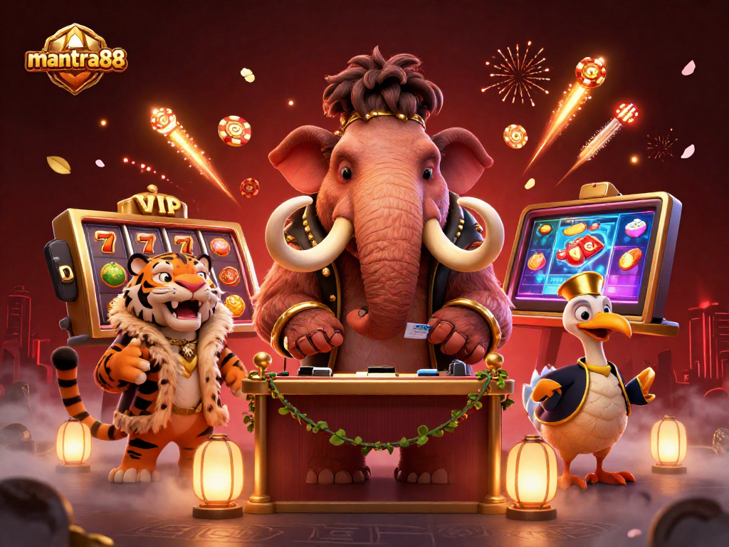 Experience the vibrant energy of mantra88's casino scene featuring a woolly mammoth bouncer, slot reels, and fireworks.