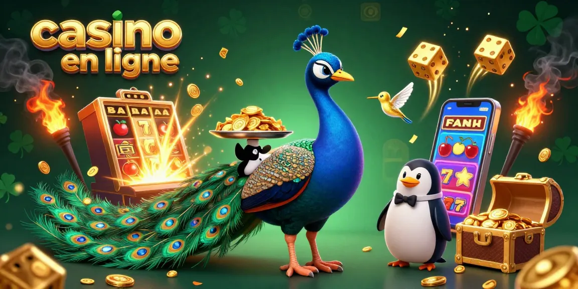 Illustration d'un casino en ligne, paon aristocratique, pingouin majordome, et colibri en or.