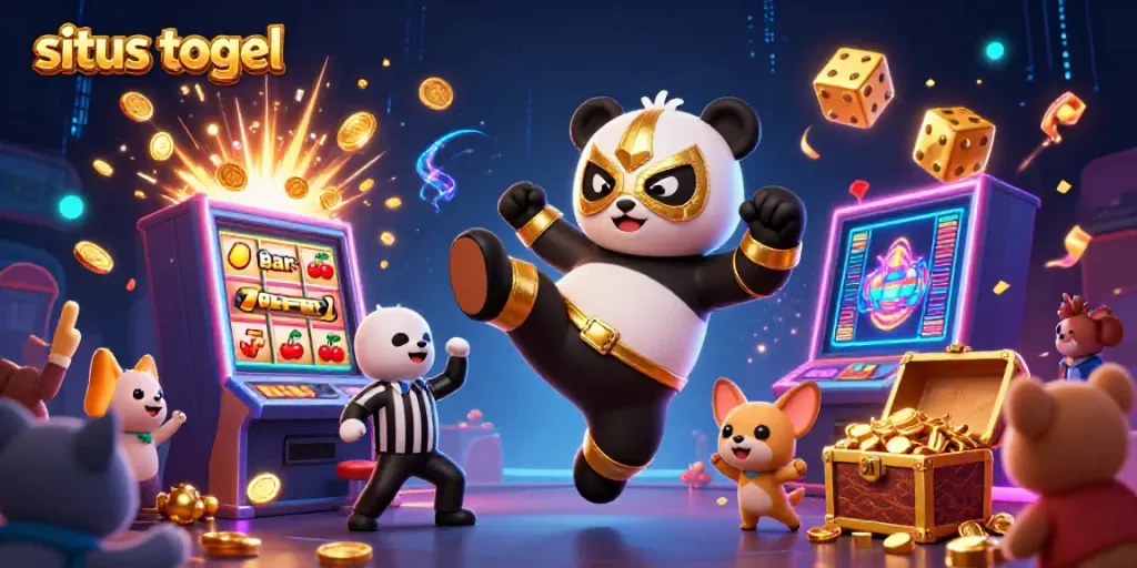 Engage with situs togel in high-energy illustration featuring a wrestling panda and exciting casino elements.
