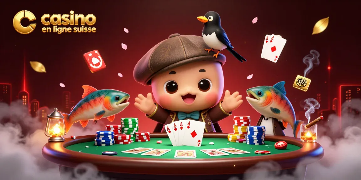 Illustration 3D animée représentant casino en ligne suisse avec des éléments ludiques et des personnages charmants.