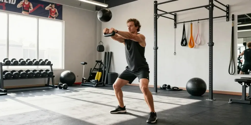 Demonstrating fitness with the Wolverine Stack, an individual performs kettlebell swings in a dynamic gym setting.
