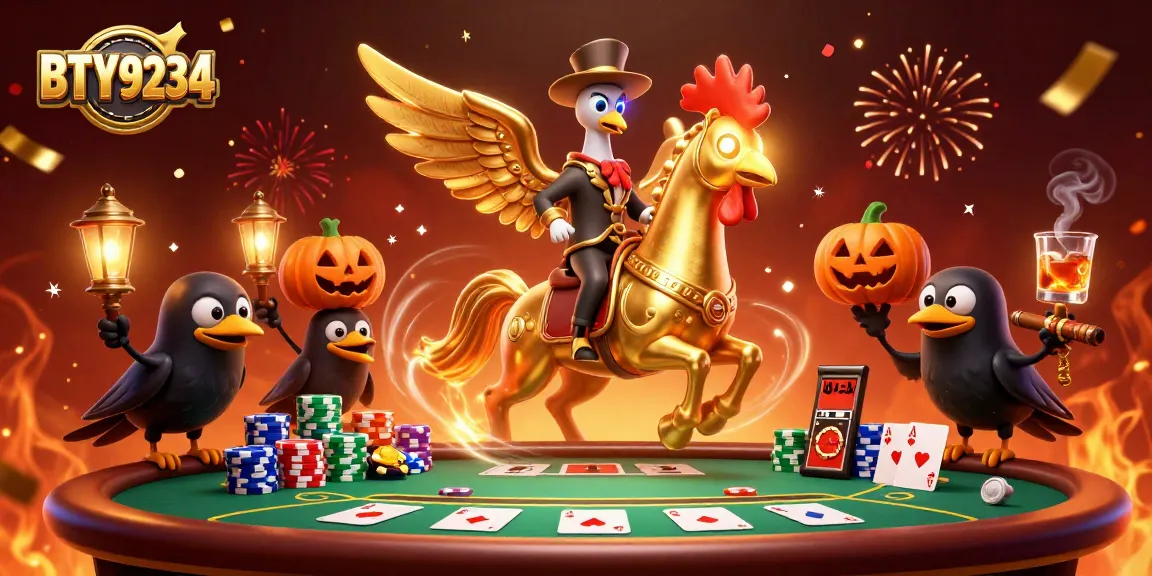 BTY9234's vibrant casino scene showcases a golden rooster engaging in poker excitement.