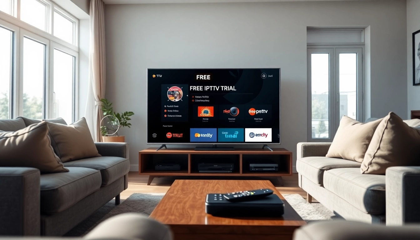 Experience the FREE IPTV Trial on a sleek home entertainment setup with a cozy atmosphere.